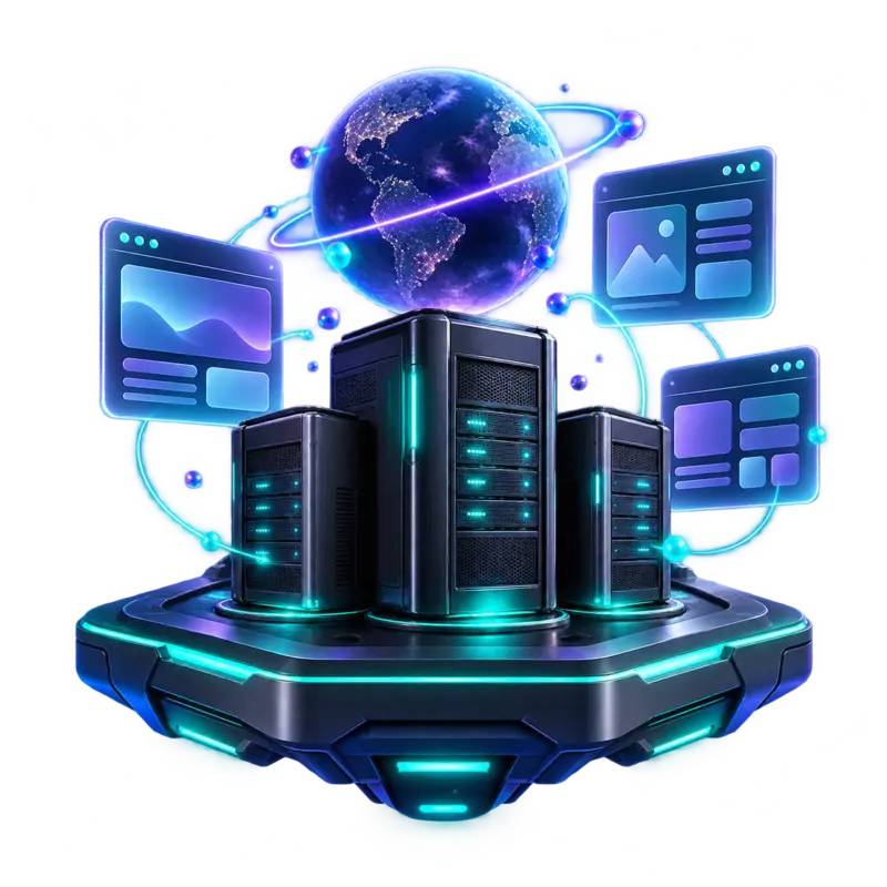 Hosting servers connected to a glowing worldwide network